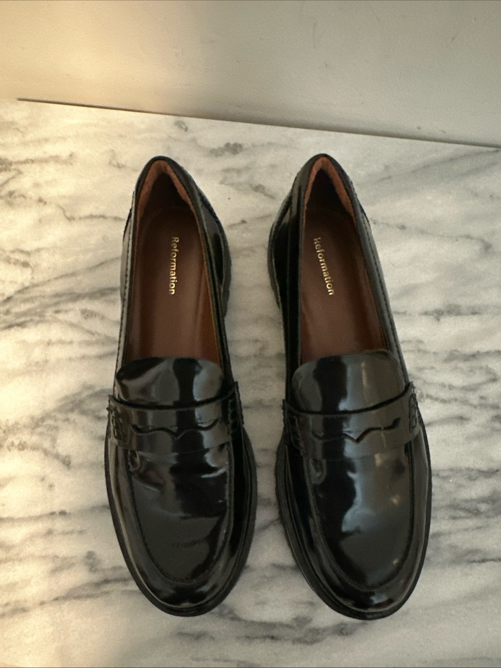 Reformation Black Patent Leather Penny Loafers womens sz 7